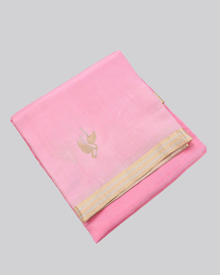 Pink Banarasi Katan silk saree with twin flamingo bird gold silver zari motifs and chevron geometric pallu design