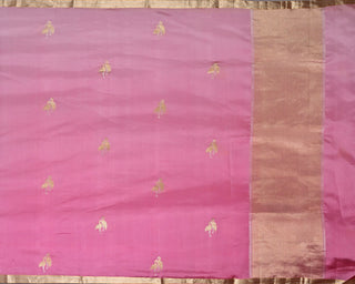 Pink Banarasi Katan silk saree with twin flamingo bird gold silver zari motifs and chevron geometric pallu design