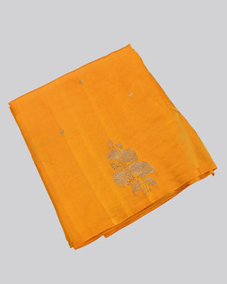 Mustard yellow Poona silk saree with silver zari floral motifs and striped blouse