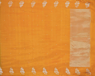 Mustard yellow Poona silk saree with silver zari floral motifs and striped blouse