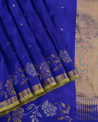 Royal Blue Pure Silk Uppada Jamdani Saree with Silver and Gold Zari Floral Vines