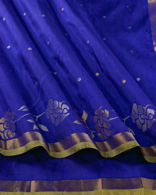 Royal Blue Pure Silk Uppada Jamdani Saree with Silver and Gold Zari Floral Vines
