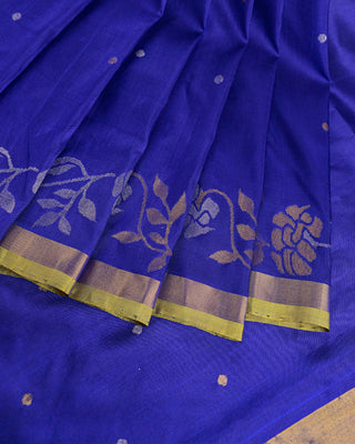 Royal Blue Pure Silk Uppada Jamdani Saree with Silver and Gold Zari Floral Vines