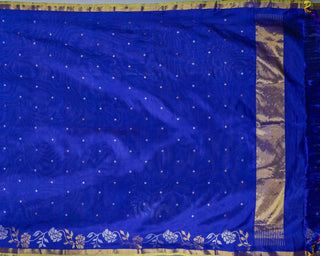 Royal Blue Pure Silk Uppada Jamdani Saree with Silver and Gold Zari Floral Vines