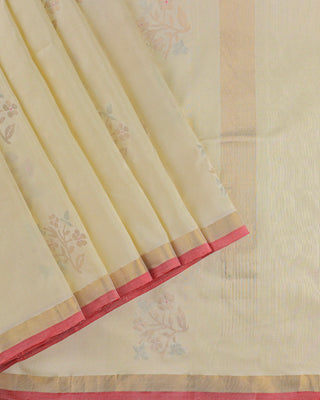 Cream Pastel Uppada Pure Silk Jamdani Saree with Red Contrast Border and Silver-Gold Floral Buttas