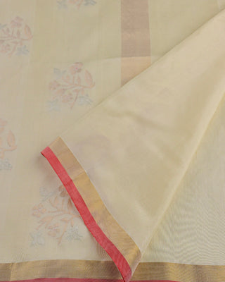 Crimson Red Handwoven Chanderi Pure Silk Saree with Gold Zari Floral Buttas, Meenakari Border, and Striped Pallu