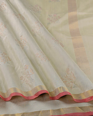 Crimson Red Handwoven Chanderi Pure Silk Saree with Gold Zari Floral Buttas, Meenakari Border, and Striped Pallu