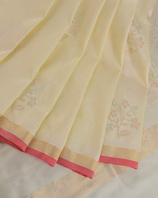 Cream Pastel Uppada Pure Silk Jamdani Saree with Red Contrast Border and Silver-Gold Floral Buttas