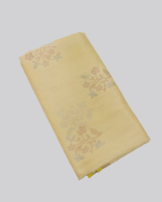 Cream Pastel Uppada Pure Silk Jamdani Saree with Red Contrast Border and Silver-Gold Floral Buttas