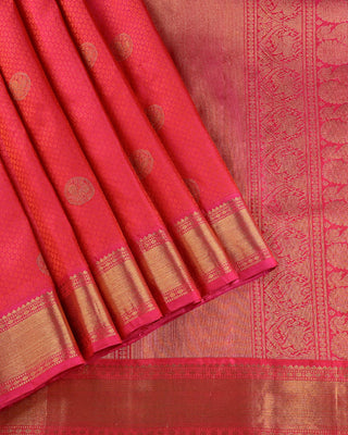 Pink orange dhoop chhaon pure silk handwoven Kanjivaram saree with gold zari coin buttas peacock pallu and temple border
