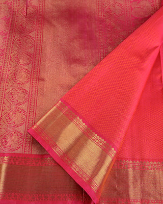 Pink orange dhoop chhaon pure silk handwoven Kanjivaram saree with gold zari coin buttas peacock pallu and temple border