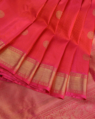 Pink orange dhoop chhaon pure silk handwoven Kanjivaram saree with gold zari coin buttas peacock pallu and temple border