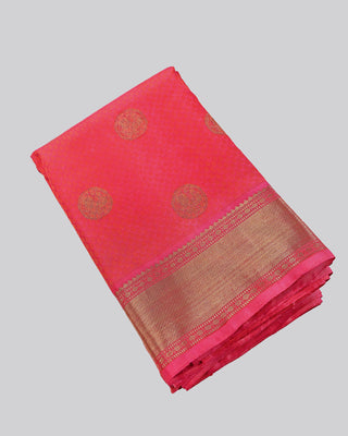Pink orange dhoop chhaon pure silk handwoven Kanjivaram saree with gold zari coin buttas peacock pallu and temple border