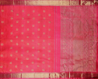 Pink orange dhoop chhaon pure silk handwoven Kanjivaram saree with gold zari coin buttas peacock pallu and temple border