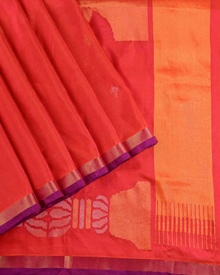 Fiery Orange Pure Silk Uppada Jamdani Saree with Tilak and Hamsa Motifs
