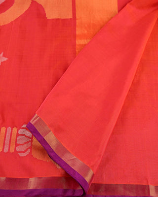 Fiery Orange Pure Silk Uppada Jamdani Saree with Tilak and Hamsa Motifs