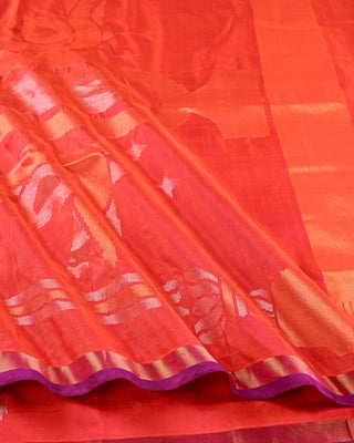 Fiery Orange Pure Silk Uppada Jamdani Saree with Tilak and Hamsa Motifs