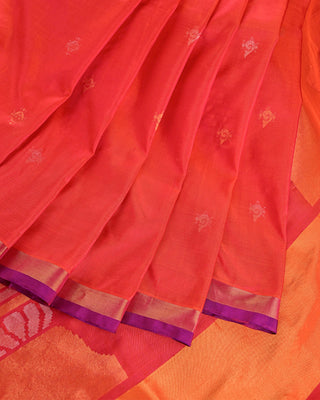 Fiery Orange Pure Silk Uppada Jamdani Saree with Tilak and Hamsa Motifs