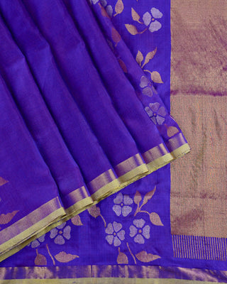 Deep Onion Purple Pure Silk Uppada Jamdani Saree with Floral Vines and Contrast Parrot Green Border