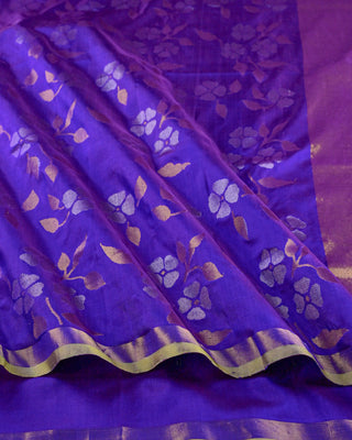 Deep Onion Purple Pure Silk Uppada Jamdani Saree with Floral Vines and Contrast Parrot Green Border