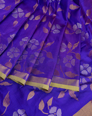 Deep Onion Purple Pure Silk Uppada Jamdani Saree with Floral Vines and Contrast Parrot Green Border