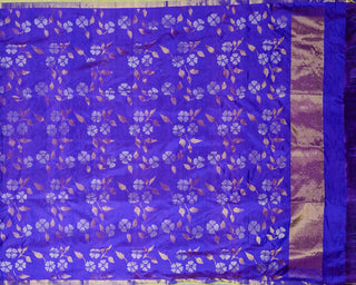Deep Onion Purple Pure Silk Uppada Jamdani Saree with Floral Vines and Contrast Parrot Green Border