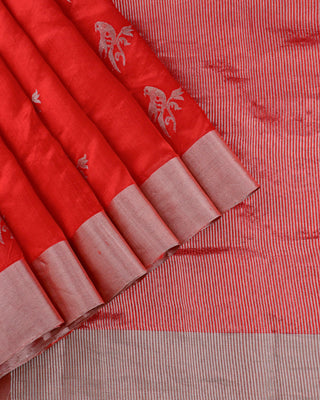 Bright Red Handwoven Pure Chanderi Silk Saree with Silver Bird Motifs & Tissue Border