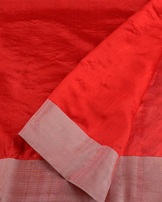 Bright Red Handwoven Pure Chanderi Silk Saree with Silver Bird Motifs & Tissue Border