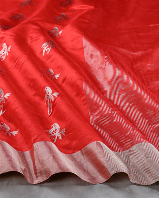 Bright Red Handwoven Pure Chanderi Silk Saree with Silver Bird Motifs & Tissue Border