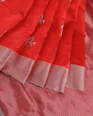 Bright Red Handwoven Pure Chanderi Silk Saree with Silver Bird Motifs & Tissue Border