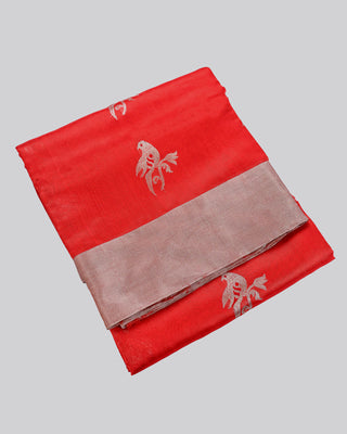 Bright Red Handwoven Pure Chanderi Silk Saree with Silver Bird Motifs & Tissue Border