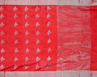 Bright Red Handwoven Pure Chanderi Silk Saree with Silver Bird Motifs & Tissue Border