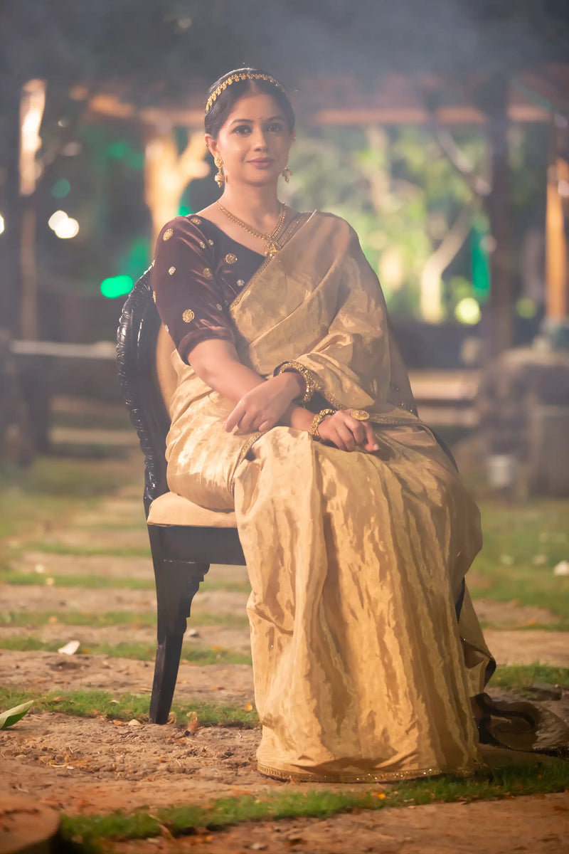 Golden Tissue Chanderi Saree with Kalamkari Pallu (Made to Order)