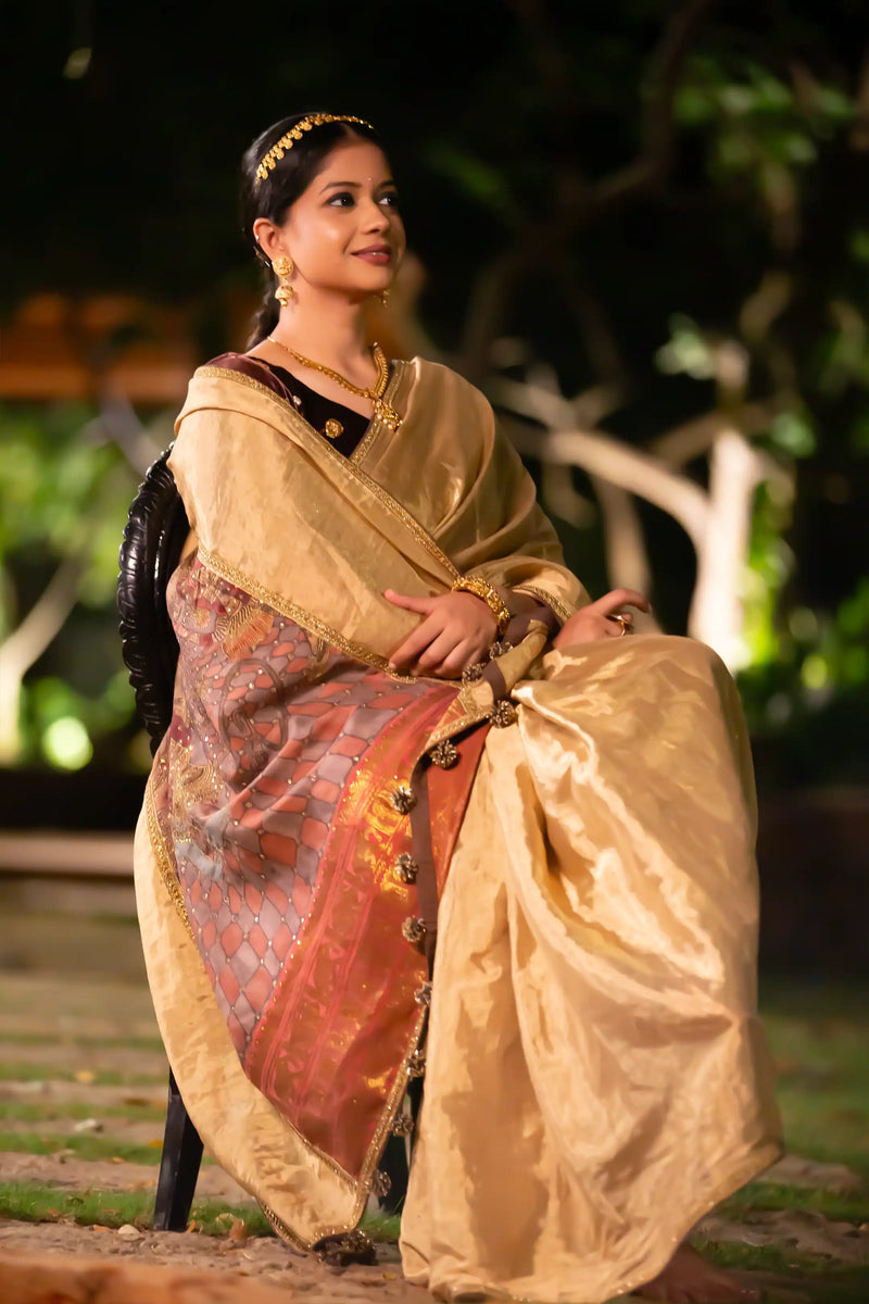 Golden Tissue Chanderi Saree with Kalamkari Pallu (Made to Order)