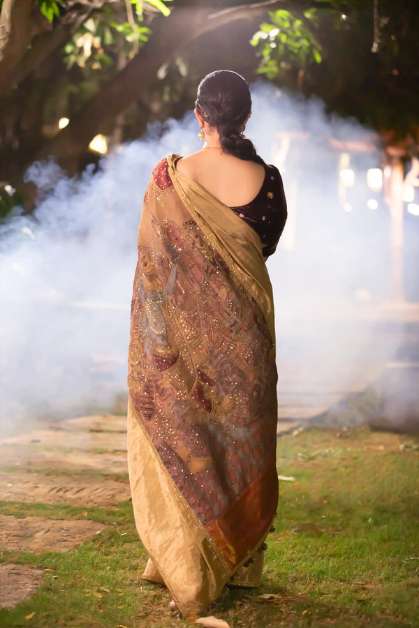 Golden Tissue Chanderi Saree with Kalamkari Pallu (Made to Order)