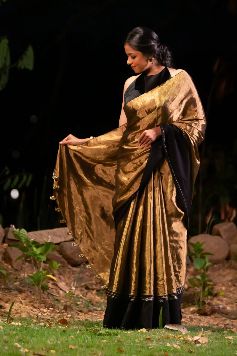 Golden Tissue Silk Chanderi Saree with Black Piping