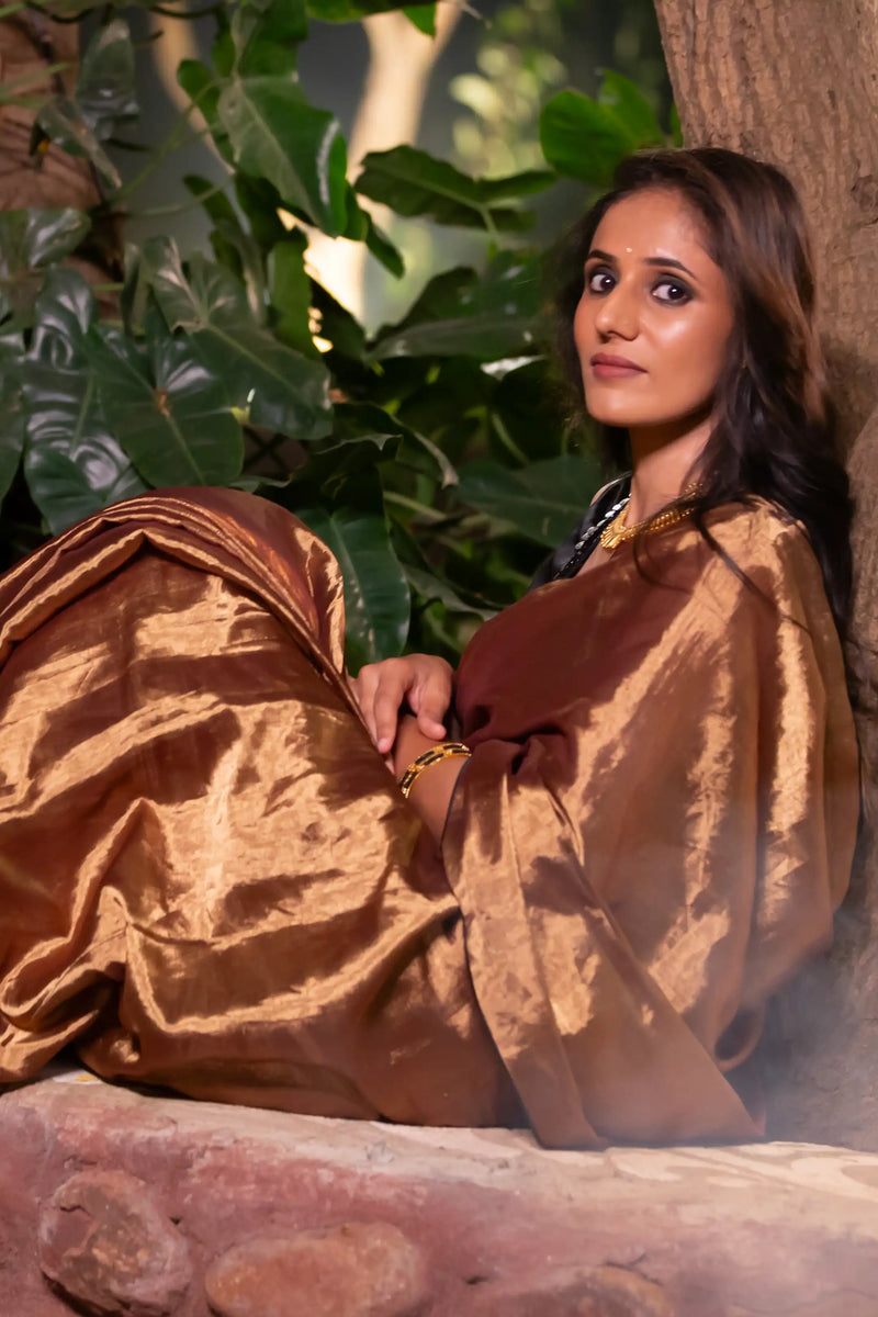 Copper-ish Gold Chanderi Tissue Saree with Black Piping and Coins