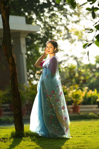 Powder Blue Muslin Handloom Jamdani Saree