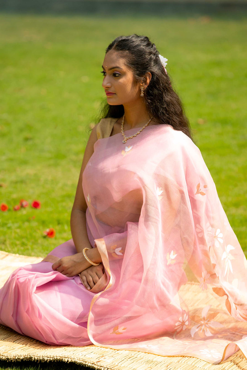 Pastel Pink Muslin Handloom Jamdani saree