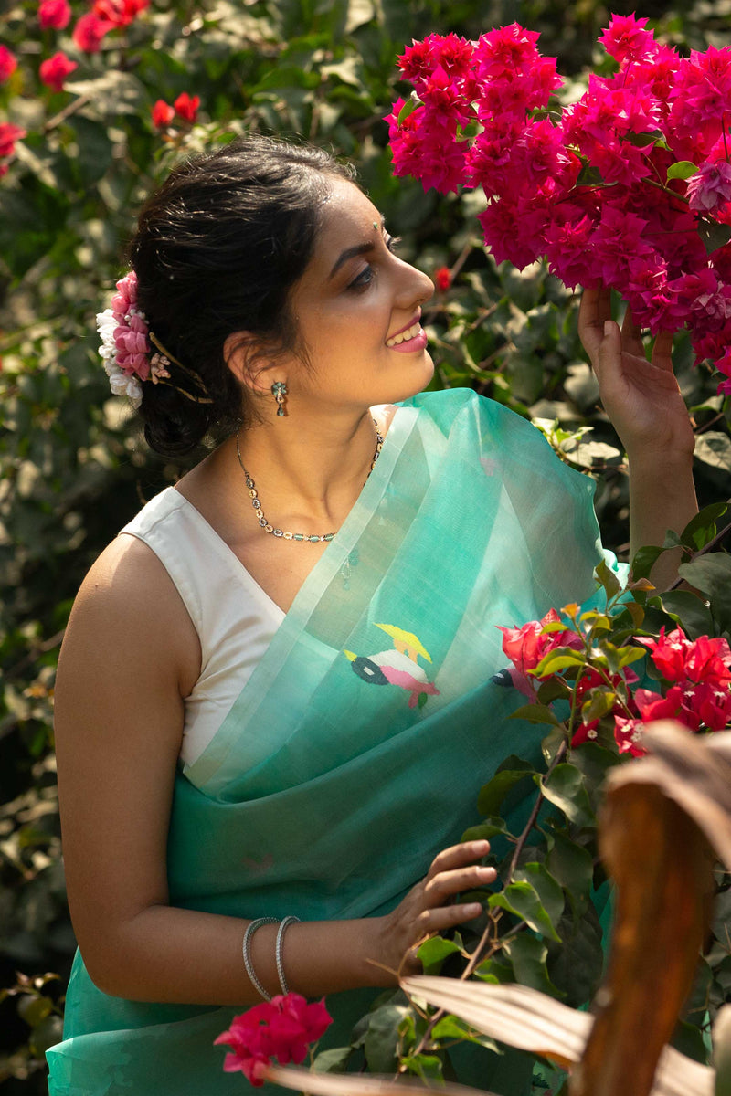 Sea Green Muslin Handloom Jamdani Saree