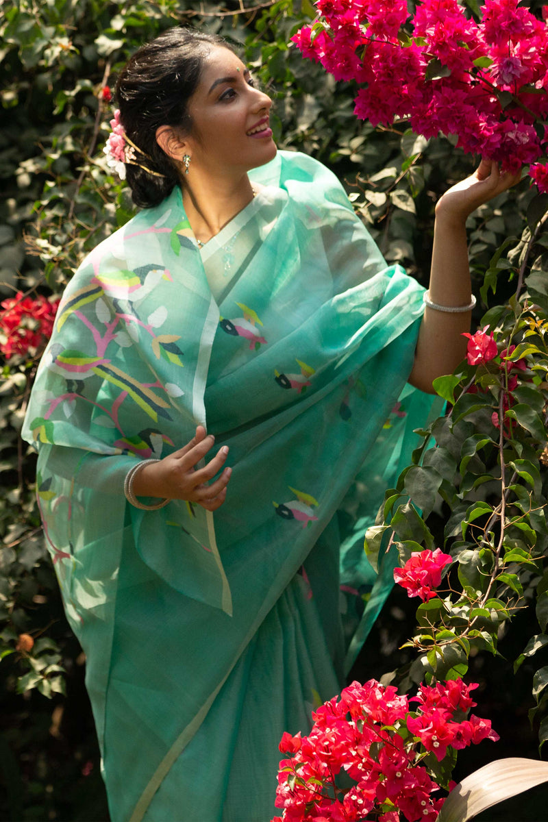 Sea Green Muslin Handloom Jamdani Saree