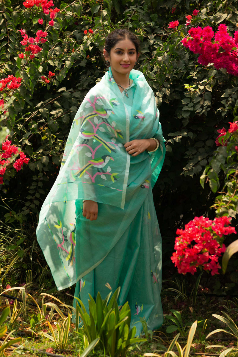 Sea Green Muslin Handloom Jamdani Saree