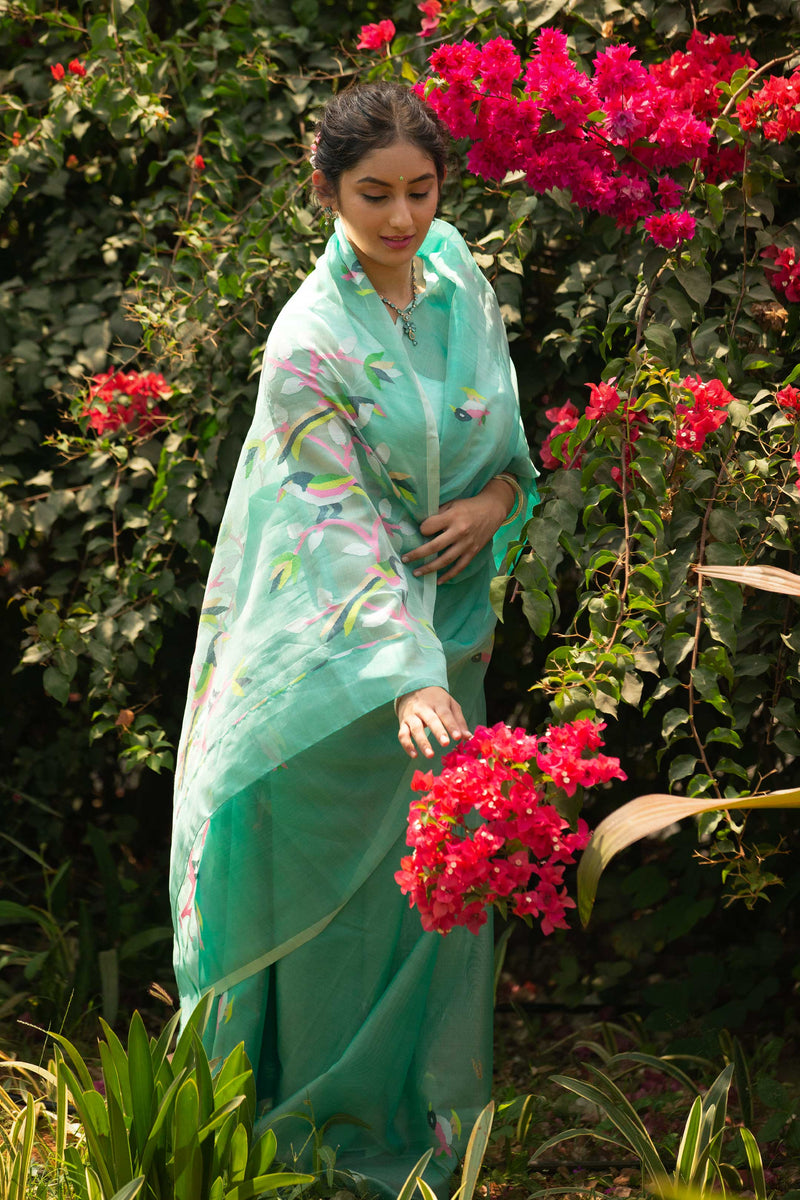 Sea Green Muslin Handloom Jamdani Saree