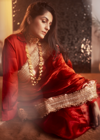 Red Banarasi Organza Tissue Saree with Golden Lace (Made to Order)