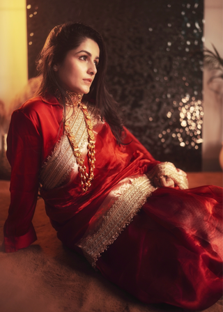 Red Banarasi Organza Tissue Saree with Golden Lace (Made to Order)
