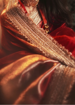 Red Banarasi Organza Tissue Saree with Golden Lace (Made to Order)