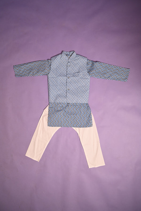 Sky Blue Cotton Printed Kurta Pyjama Set with Jacket