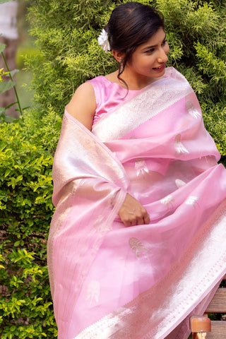 Light Pink and Silver Organza Saree