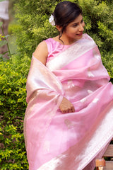 Light Pink and Silver Organza Saree