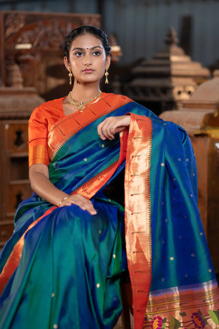 Teal Blue dual tone Paithani Pure Silk saree